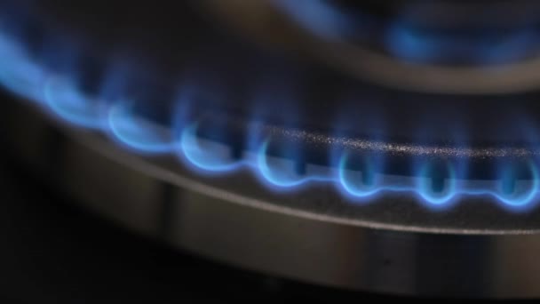 Крупный План Зажигания Газовой Плиты Газ Горит Голубым Пламенем Темной — стоковое видео