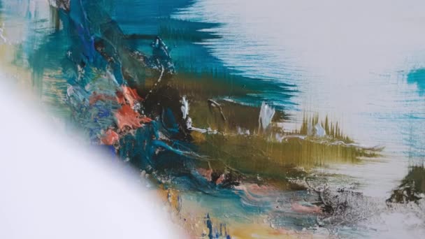 Detailní Záběr Umělce Který Používá Štětec Vytvoření Moderního Obrazu Abstraktní — Stock video