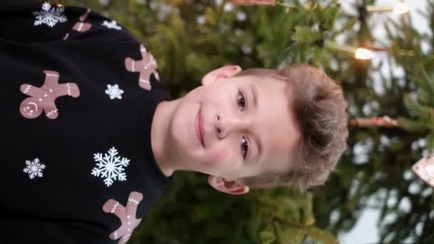 Vertical Video Portrait Little Boy Background Christmas Tree Smiles Camera — Stock Video
