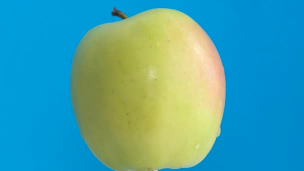 完美的新鲜绿色苹果 背景为蓝色 水果健康食品 旋转苹果的特写 — 图库视频影像