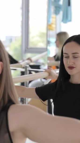 Grupp Kvinnor Gör Gymnastik Nära Spegel Hälsosam Livsstil Träningskoncept Vertikal — Stockvideo