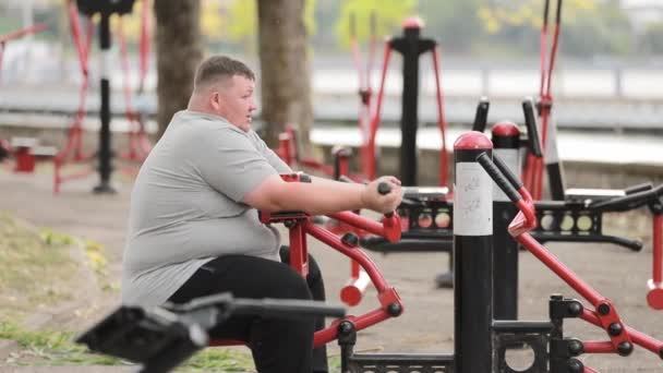 Hombre Con Sobrepeso Está Haciendo Deportes Parque Ciudad Problemas Obesidad — Vídeos de Stock