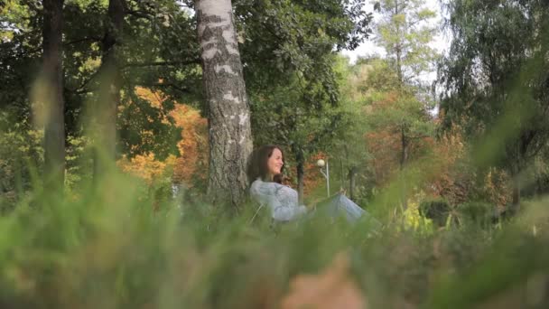 Una Joven Está Trabajando Portátil Parque Mujer Freelancer Sentada Una — Vídeos de Stock