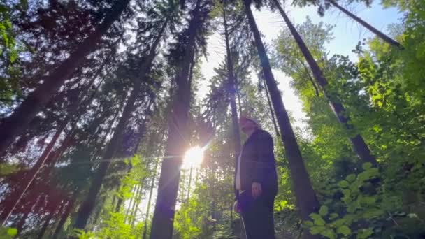 Kvinna Går Sommarskog Med Höga Träd Kamerarotation Långsamma Rörelser — Stockvideo
