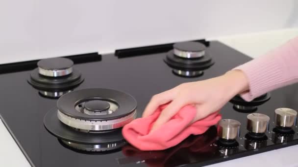 Bir Kadın Sobayı Temizler Cilalar Yakın Plan Yüzü Yok Mutfağındaki — Stok video