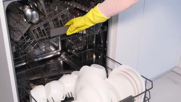 女性の手の詰め物 汚れた皿の積み込み 白い皿をオープンな自動作り付けの食器洗い機に置くことの近くの眺め 主婦は彼女の家事をする — ストック動画