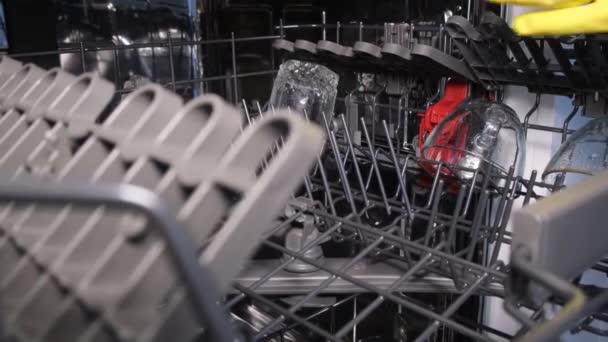 Загружая Грязную Посуду Посудомоечную Машину Женщина Включает Посудомоечную Машину Помыть — стоковое видео