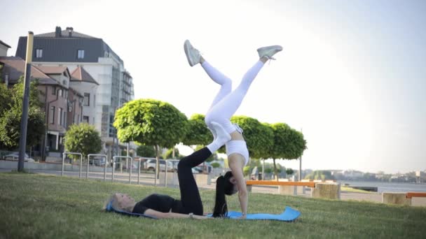 Två Kvinnliga Vänner Gör Partner Yoga Pose Gräset Parken Hälsosam — Stockvideo