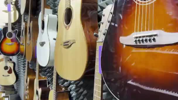 Tienda Con Guitarras Acústicas Los Diferentes Tipos Guitarras — Vídeos de Stock