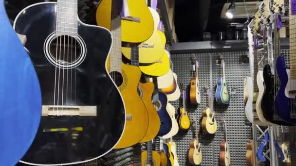 Close Multicolored Acoustic Guitars Store Stringed Musical Instruments — Stock Video