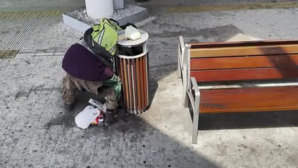 Een Dakloze Zoekt Eten Een Vuilnisbak Sociale Video — Stockvideo