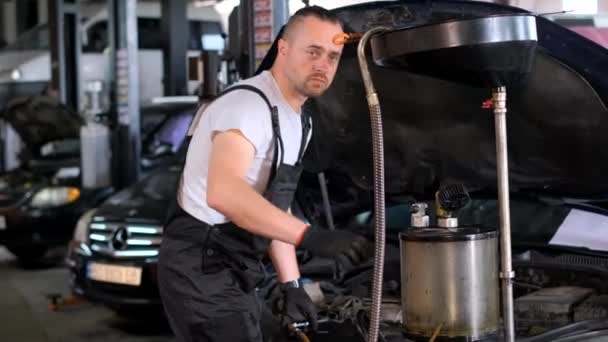 自動車のオイル交換について 自動車サービスで働いている間の自動機械 — ストック動画