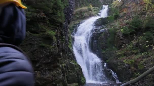 Slow Motion Man Walks Waterfall Middle Autumn Forest — Stock Video