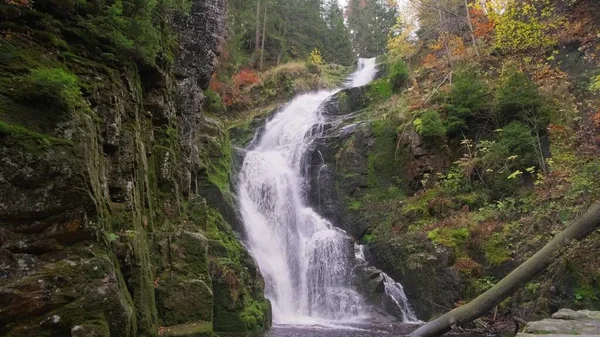 A beautiful waterfall in the middle of an autumn forest.