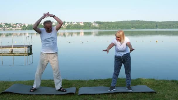 Couple Âgé Faisant Des Exercices Remise Forme Près Lac Heure — Video