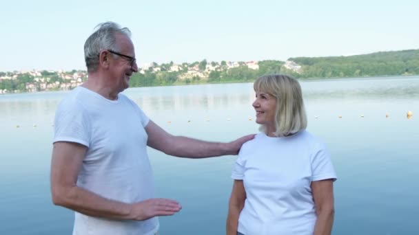 Wonderful Senior Man Old Woman Walking Park Pond Active Healthy — Stock Video
