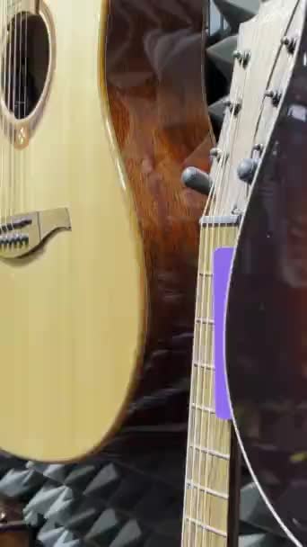Tienda Con Guitarras Acústicas Los Diferentes Tipos Guitarras Vídeo Vertical — Vídeos de Stock