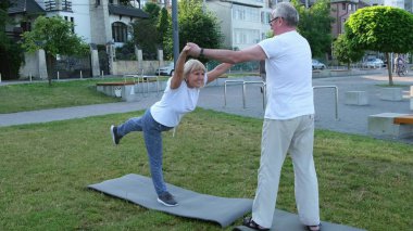 Kauçuk paspasın üzerinde dururken aktif fit yaşlı çift yogası yapıyor. Kıdemli bir adam ve bir kadın parkta yeşil bir çimenlikte egzersiz yapıyorlar.