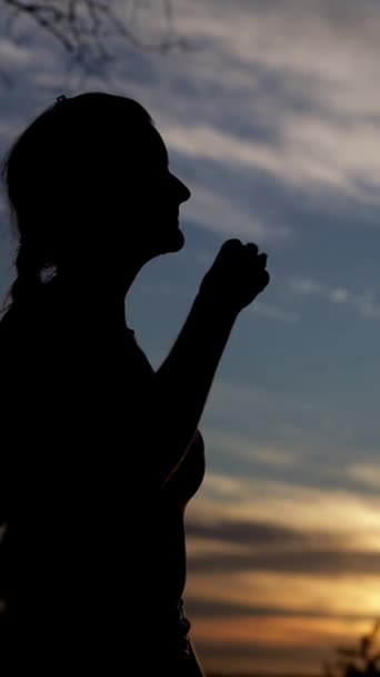 Σιλουέτα Μιας Χριστιανής Που Προσεύχεται Κοντινό Πλάνο Κάθετη Βίντεο — Αρχείο Βίντεο