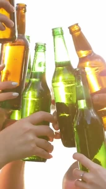 サンセットパーティーでビールボトルを踊る若者のグループ バーティカルビデオ — ストック動画
