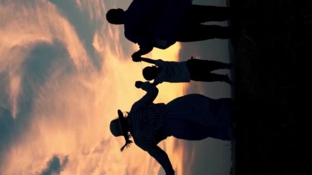 Silhouet Van Een Gelukkig Gezin Bij Zonsondergang Verticale Video — Stockvideo