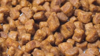 Çemberde dönen kahverengi köpek maması parçalarının yakın çekimi. Makro video.