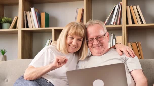 快乐的老夫妇在笔记本电脑上使用一个在线程序 用视频通话 面带微笑 夫妻俩坐在家里的沙发上 享受着网络交流 — 图库视频影像