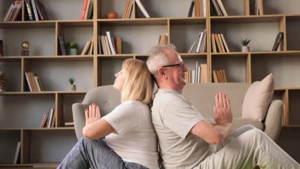 Oudere Paar Doet Meditatie Yoga Thuis Vloer Van Woonkamer — Stockvideo