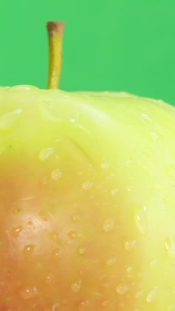 Ein Reifer Apfel Einem Regentropfen Rotiert Auf Grünem Hintergrund Köstliche — Stockvideo