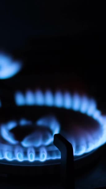 在厨房的煤气炉上点火 燃烧器燃烧的火焰的特写 点火的气体蓝色的火焰 火在炉子上燃烧 垂直录像 — 图库视频影像