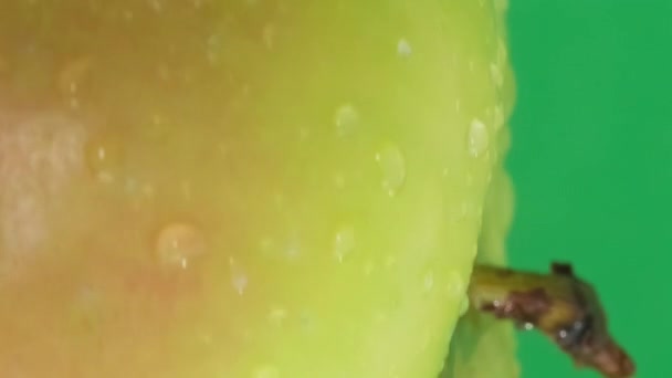 Pomme Verte Juteuse Gouttes Pluie Filant Sur Fond Vert Vidéo — Video