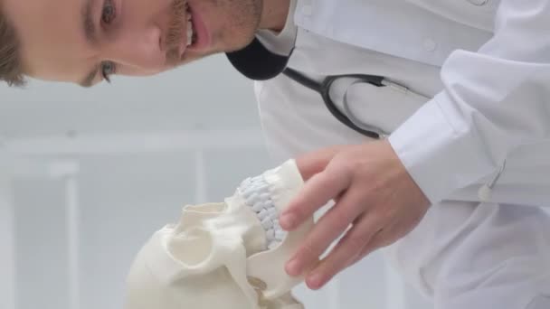 Galet Glad Ung Attraktiv Läkare Håller Mänsklig Skalle Skelett Sina — Stockvideo