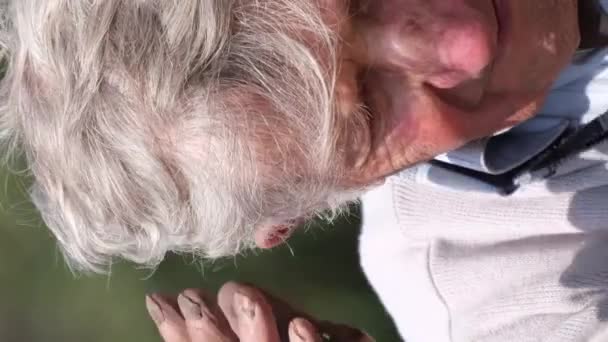 Retrato Viejo Abuelo Canoso Arreglándose Pelo Con Mano Mirando Cámara — Vídeo de stock