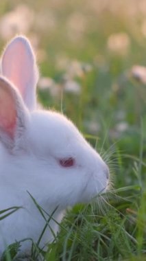 Video çerçevesi, yeşil çimlerde küçük beyaz bir tavşan. Sevimli tavşan. Dikey video.