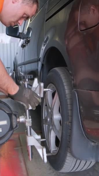 Car Mechanic Makes Camber Car Car Chassis Repair Car Service — Stock Video