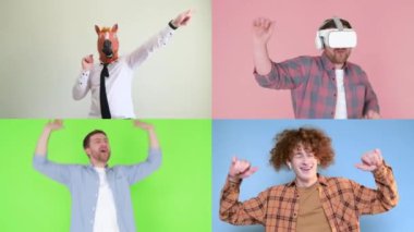 Dans eden, gülümseyen mutlu insanların kolaj portresi. Çokluortam videosu.