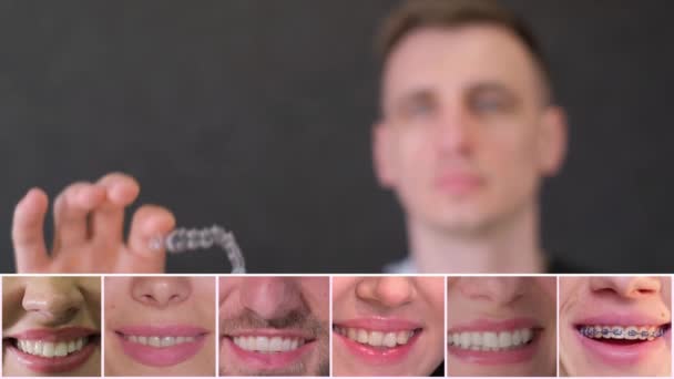 Kolaż Wideo Ludzi Pięknym Uśmiechem Klinika Stomatologiczna — Wideo stockowe
