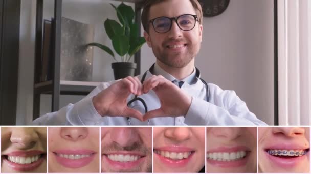 Hombre Dentista Hermosa Sonrisa Odontología Video Collage — Vídeo de stock