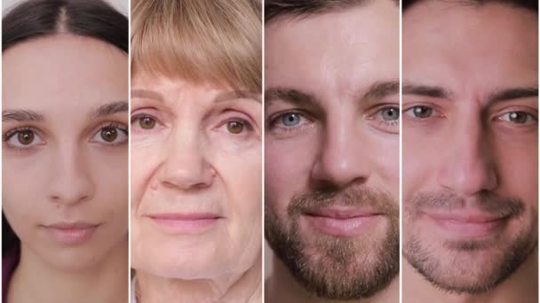 Collage Rostros Personas Diferentes Edades Mirando Cámara Sonriendo — Vídeo de stock