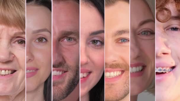Collage Medias Caras Personas Diferentes Edades Mirando Cámara Sonriendo — Vídeo de stock