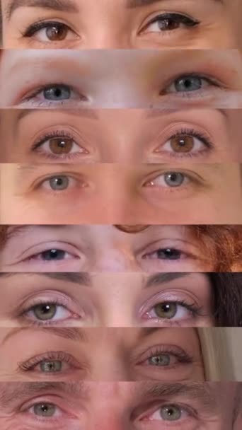 Collage Diferentes Pueblos Ojos Multiétnica Gente Diversa Riendo Mirando Felizmente — Vídeo de stock
