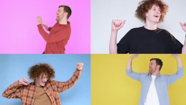Kameranın Önünde Dans Eden Mutlu Insanların Mozaik Kolajı Parlak Renkli — Stok video
