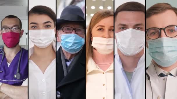 Collage Video Persone Con Maschere Protettive Schermo Diviso Malattie Infettive — Video Stock