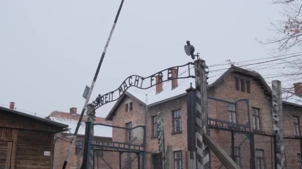 纳粹德国在波兰奥斯威辛集中营的死亡营犹太人灭绝营的主要入口 — 图库视频影像