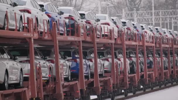 Ett Stort Antal Personbilar Till Salu Export Bilar Industri För — Stockvideo