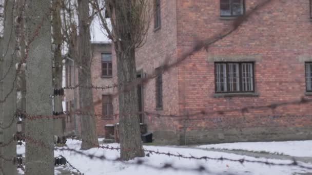 Antigos Edifícios Tijolos Campo Concentração Auschwitz Contra Fundo Arame Farpado — Vídeo de Stock