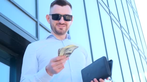 Young Business Man Holding Dollars Business Man Manager — Stock Video