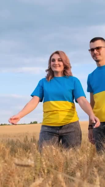 Ein Glückliches Paar Schlendert Durch Ein Weizenfeld Händchen Haltend Mit — Stockvideo