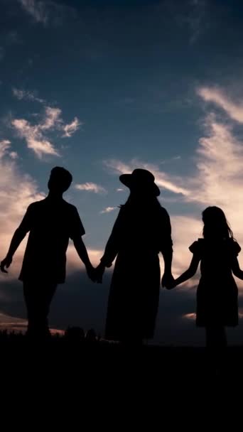 Silhouette Family Holding Hands Sunset Beautiful Sky Cloud Filled Landscape — Stock Video