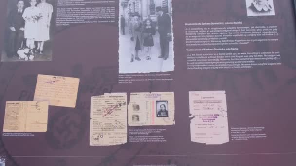 アウシュビッツ強制収容所の死んだユダヤ人の歴史的な記録を持つ壁 ファシストの残虐行為に関する歴史的事実 — ストック動画